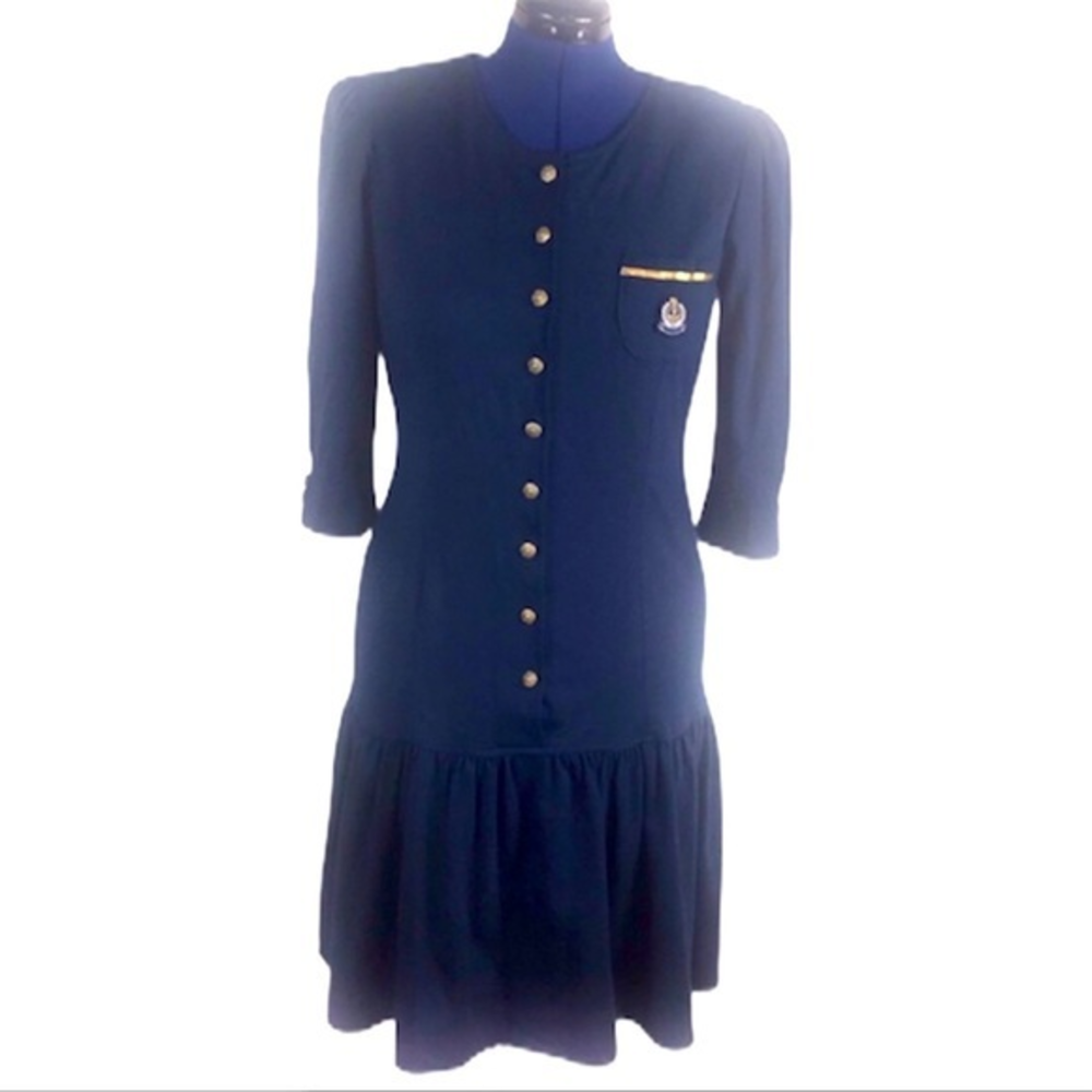 ByerToo 13 Vintage navy drop waist full skirt nautical gold button‎ dress